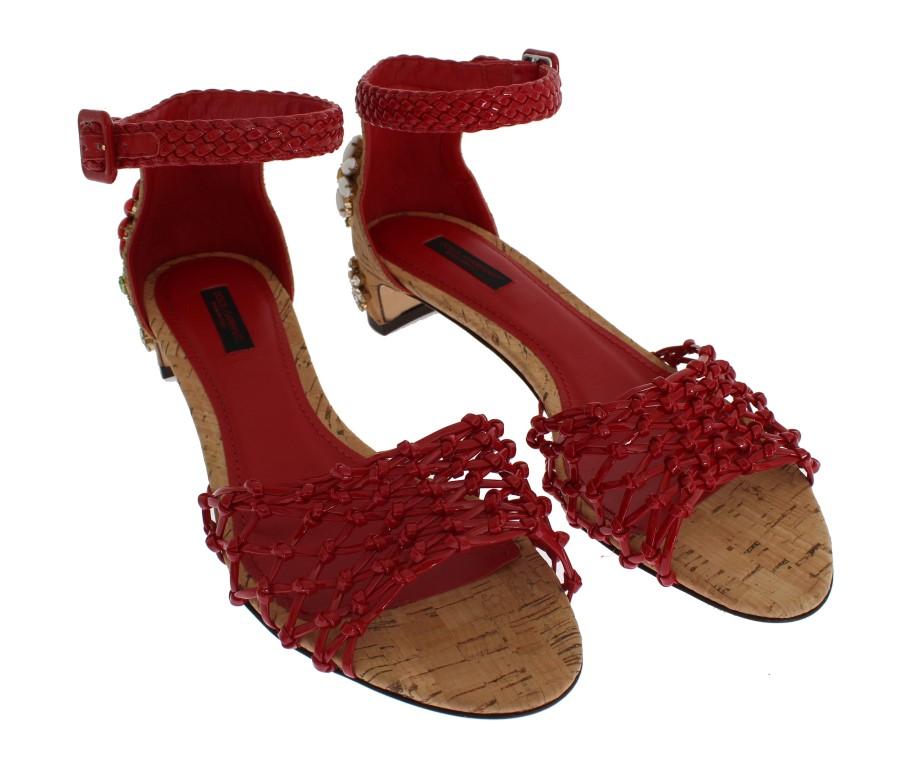 Red Leather Crystal Ankle Strap Shoes
