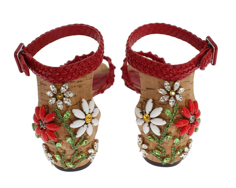 Red Leather Crystal Ankle Strap Shoes