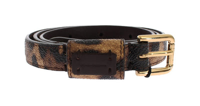 Brown Leopard Leather Gold Buckle Logo Belt