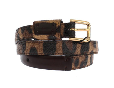 Brown Leopard Leather Gold Buckle Logo Belt