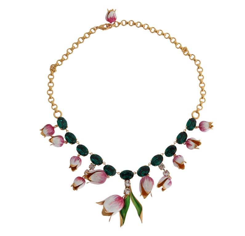 Gold Brass White Tulip Crystal Charms Necklace