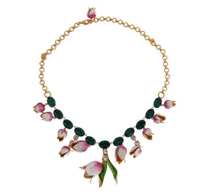Gold Brass White Tulip Crystal Charms Necklace