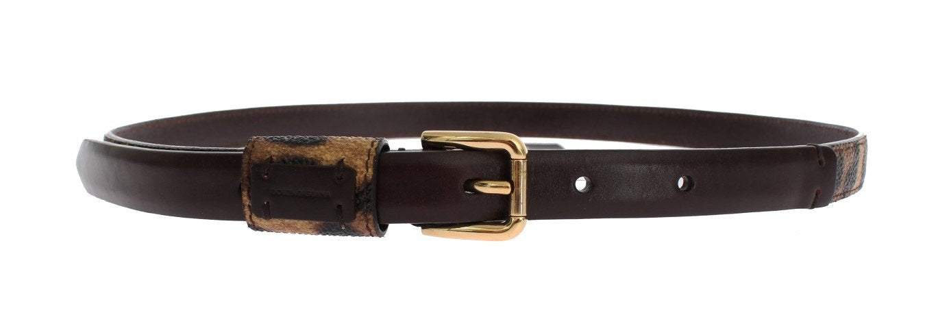 Brown Leopard Leather Gold Buckle Logo Belt