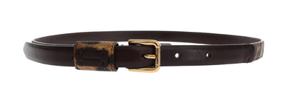 Brown Leopard Leather Gold Buckle Logo Belt