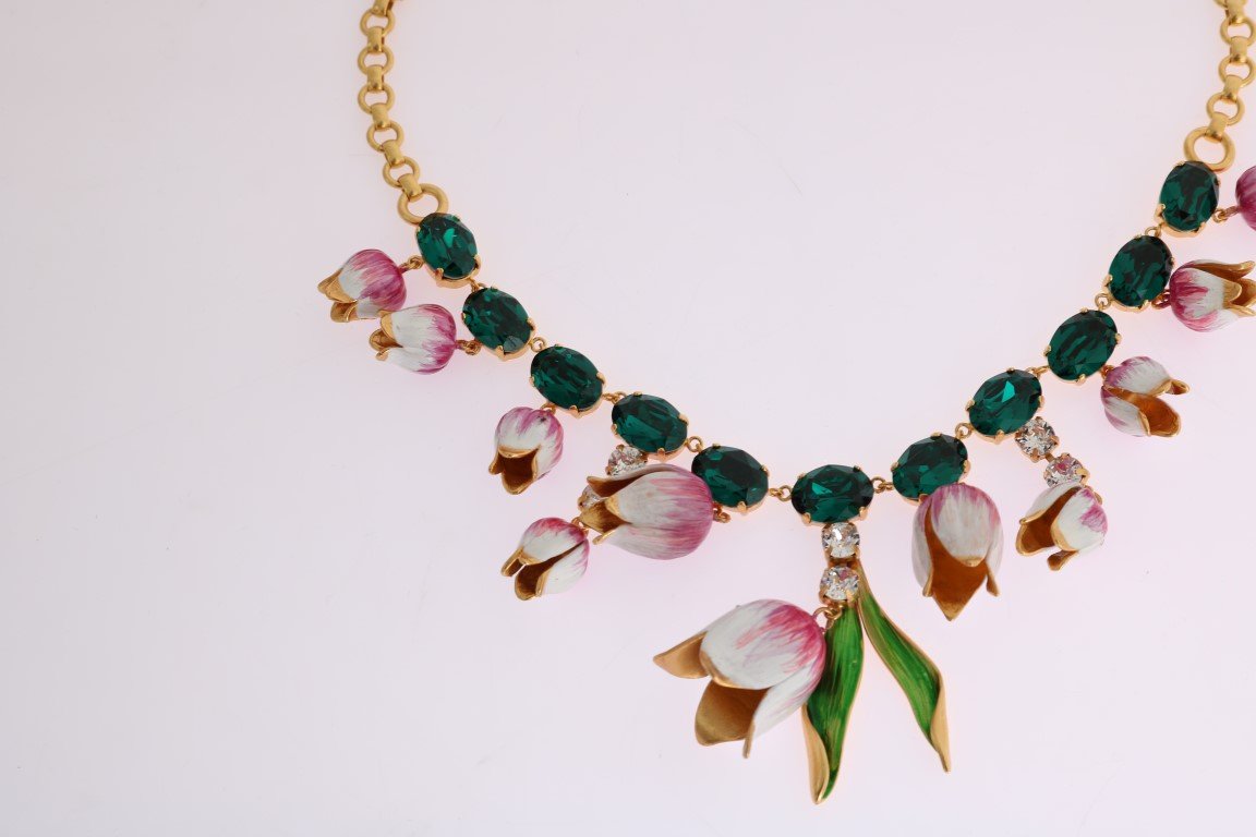 Gold Brass White Tulip Crystal Charms Necklace