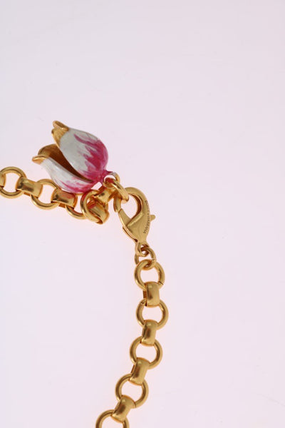 Gold Brass White Tulip Crystal Charms Necklace