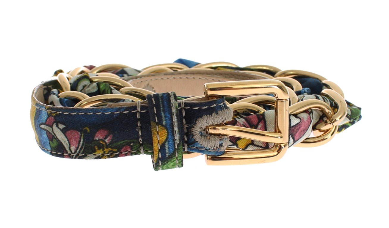 Multicolor Cotton Gold Branded Buckle Belt