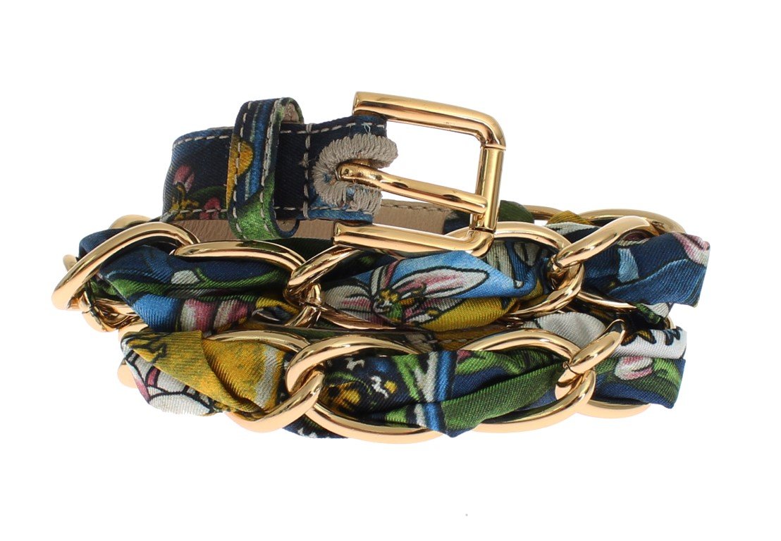 Multicolor Cotton Gold Branded Buckle Belt