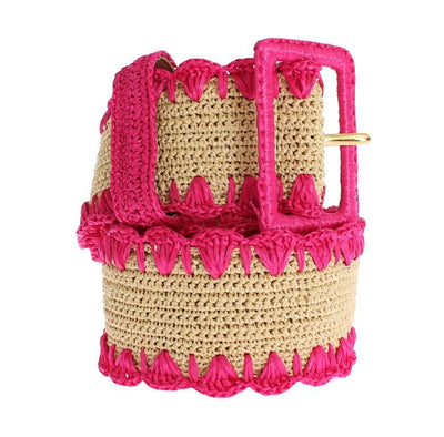 Pink Raffia Woven Wide Belt