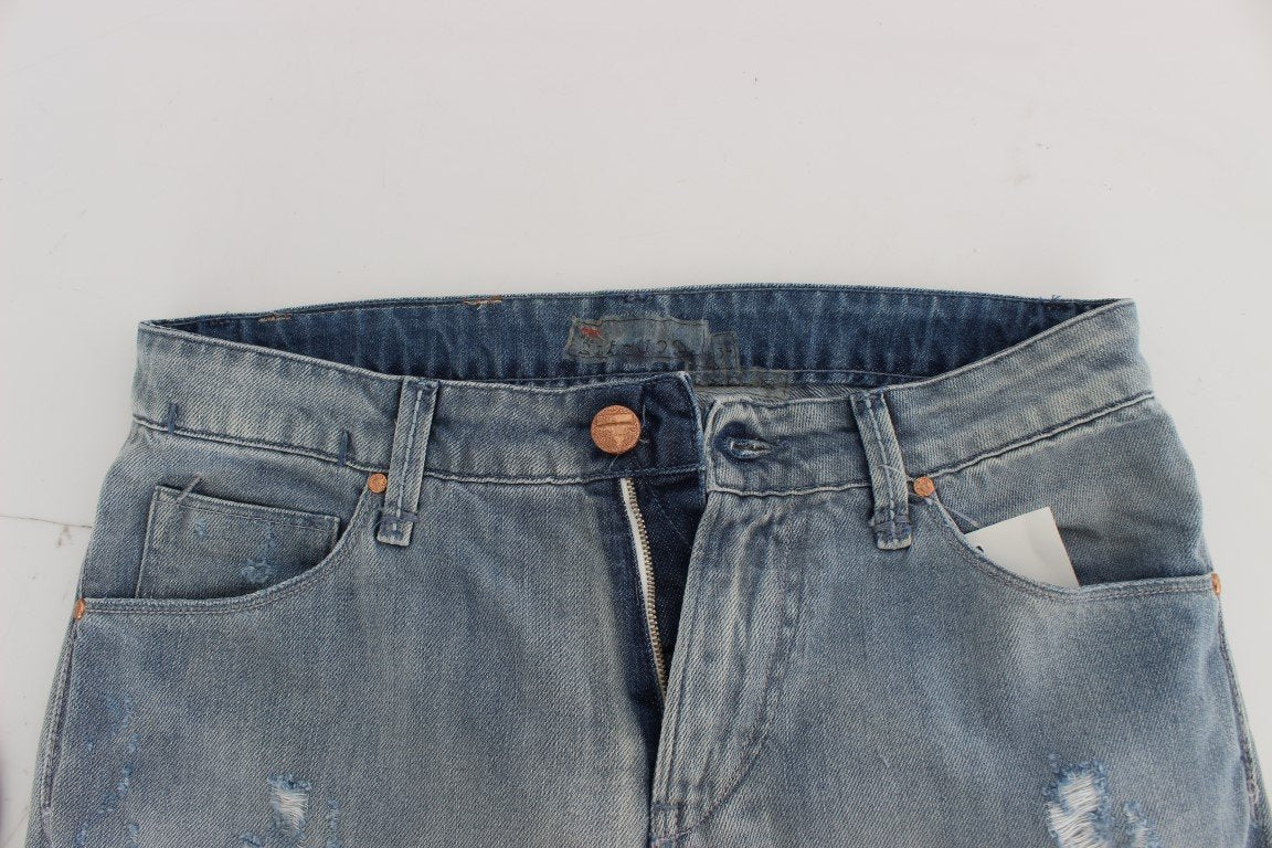 Blue Wash Torn Denim Cotton Slim Fit Jeans