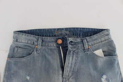 Blue Wash Torn Denim Cotton Slim Fit Jeans