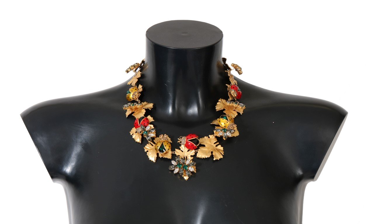 Gold Brass Floral Crystal Ladybug Statement Necklace