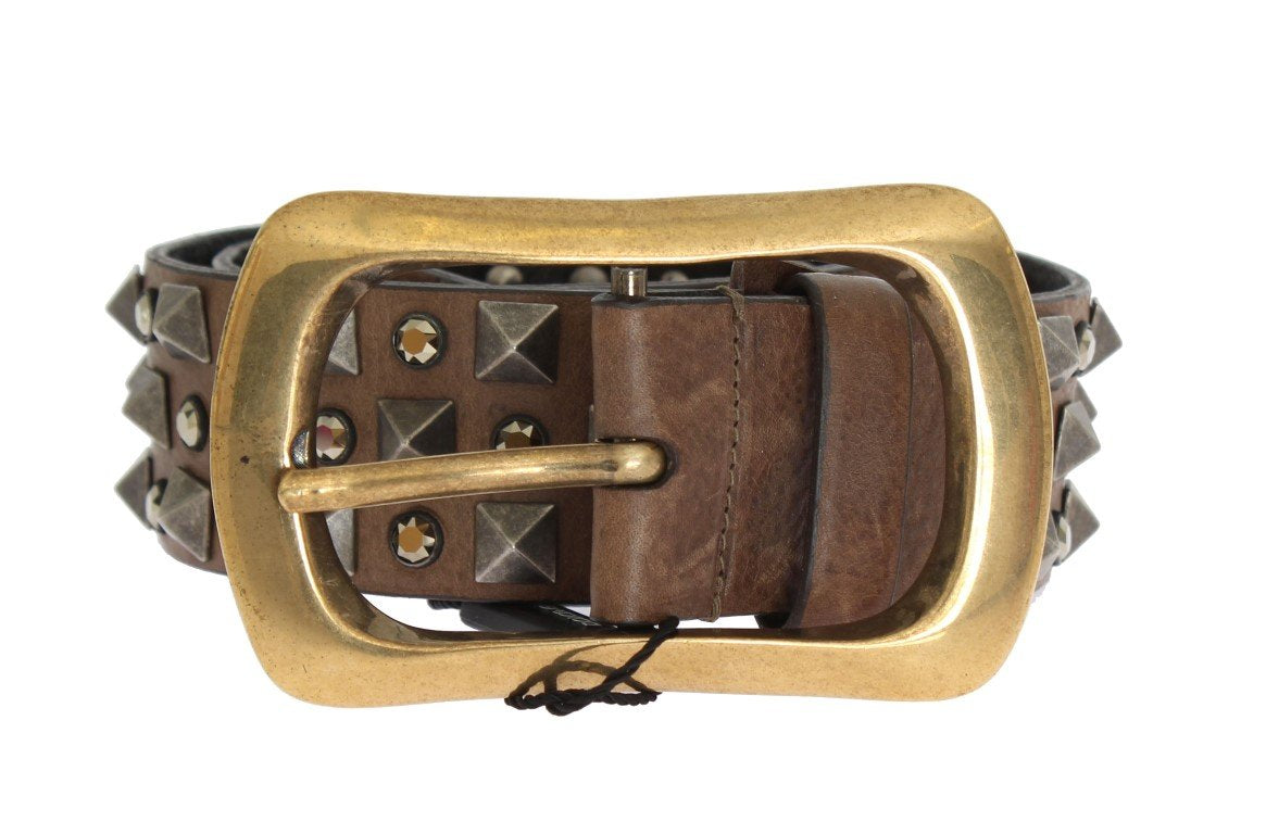 Brown Leather Gold Buckle Studded Belt