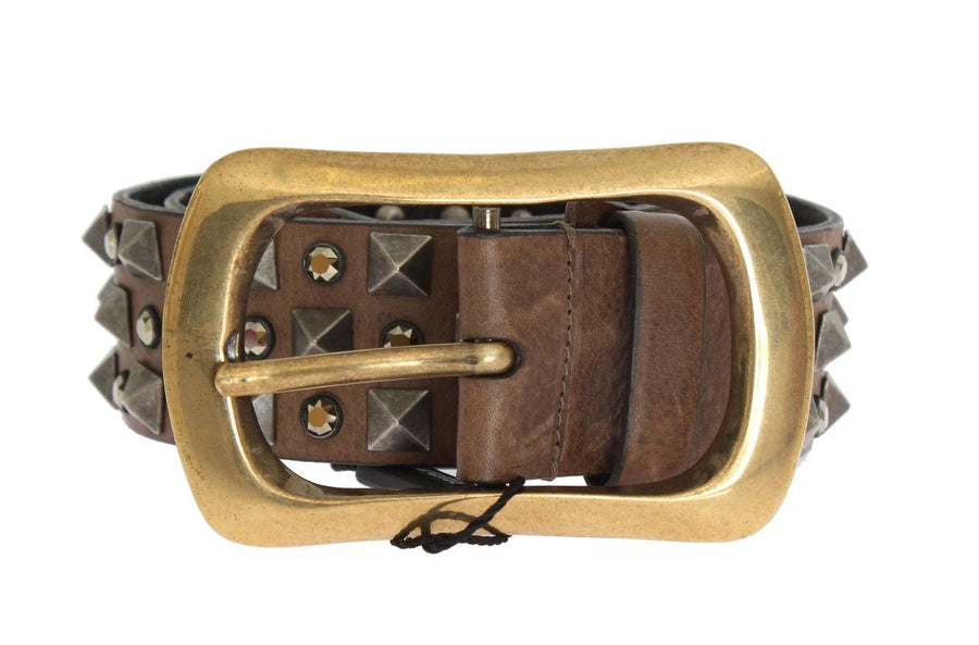Brown Leather Gold Buckle Studded Belt