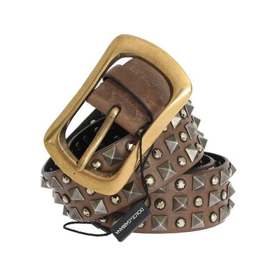 Brown Leather Gold Buckle Studded Belt