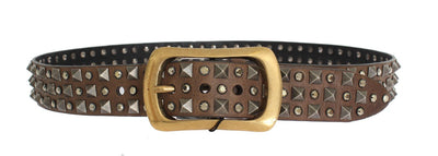 Brown Leather Gold Buckle Studded Belt