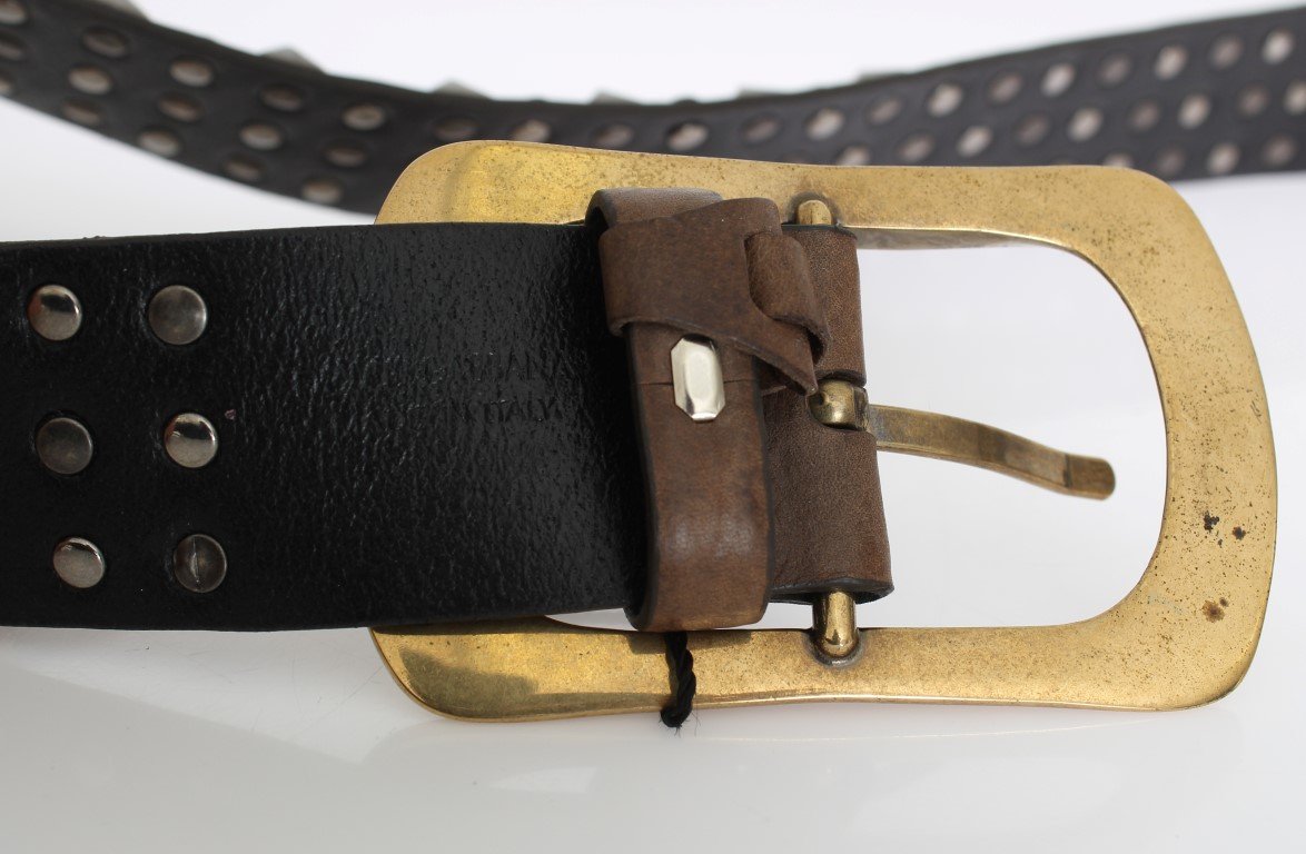 Brown Leather Gold Buckle Studded Belt