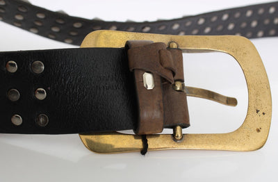 Brown Leather Gold Buckle Studded Belt