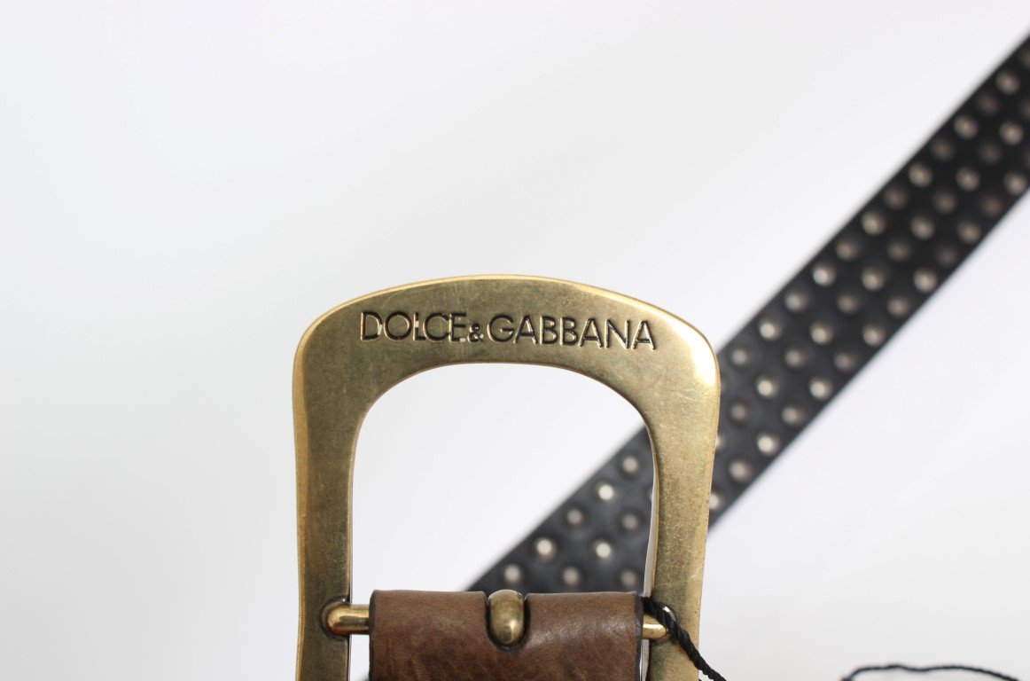 Brown Leather Gold Buckle Studded Belt