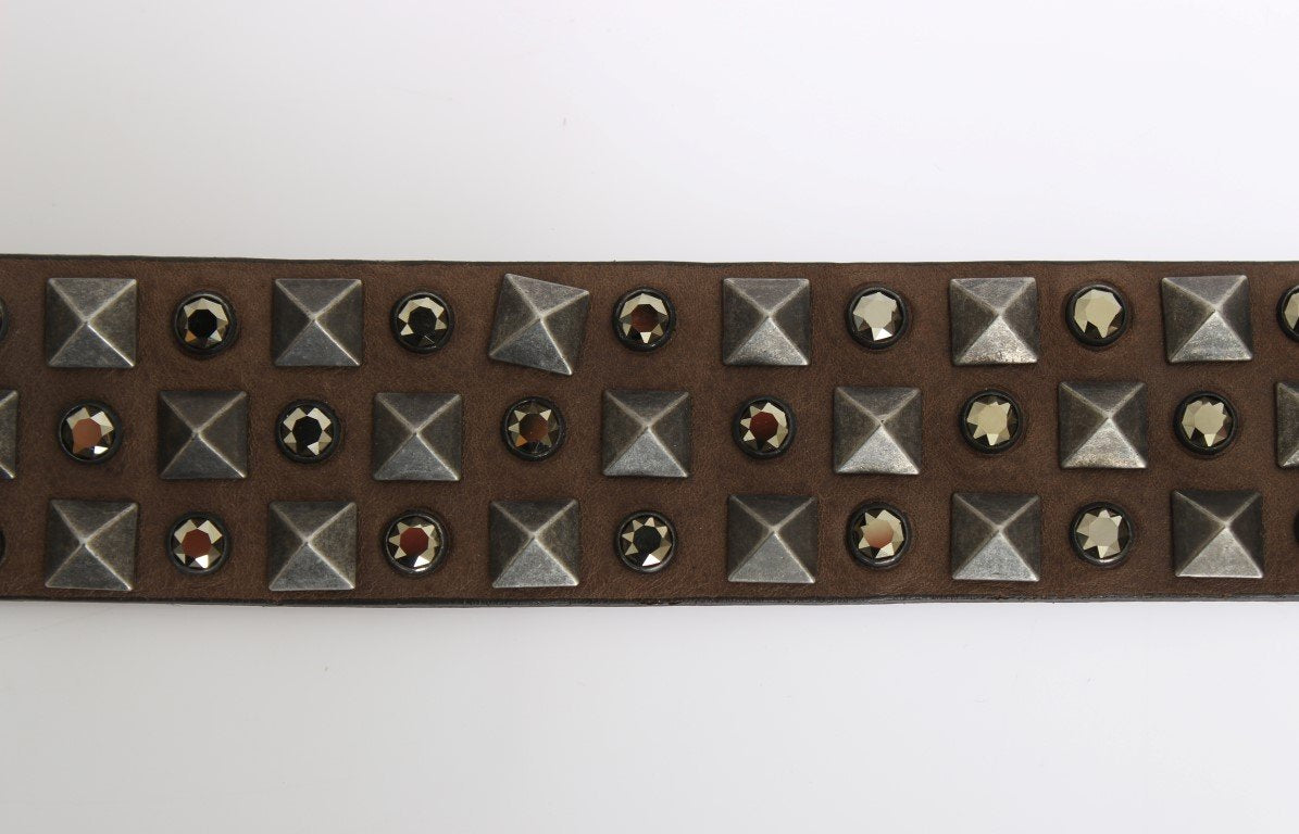 Brown Leather Gold Buckle Studded Belt