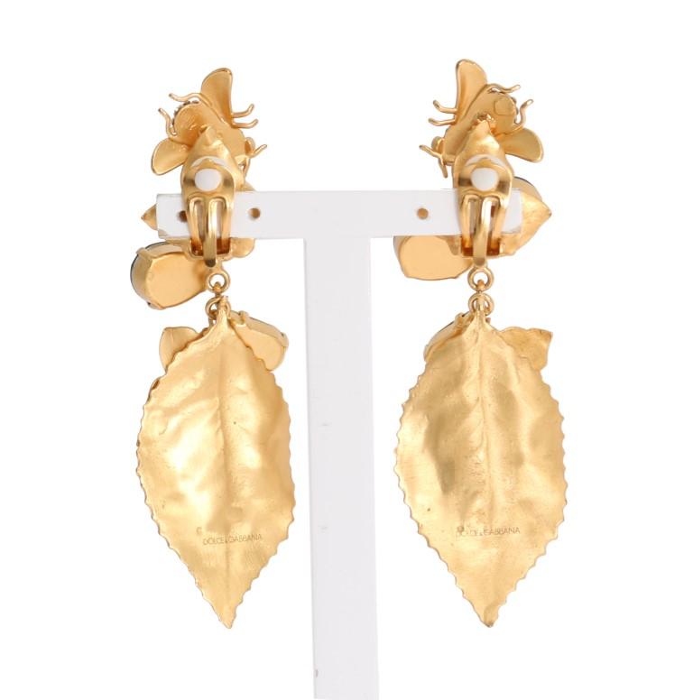 Gold Brass Insect Crystal Clip On Earrings