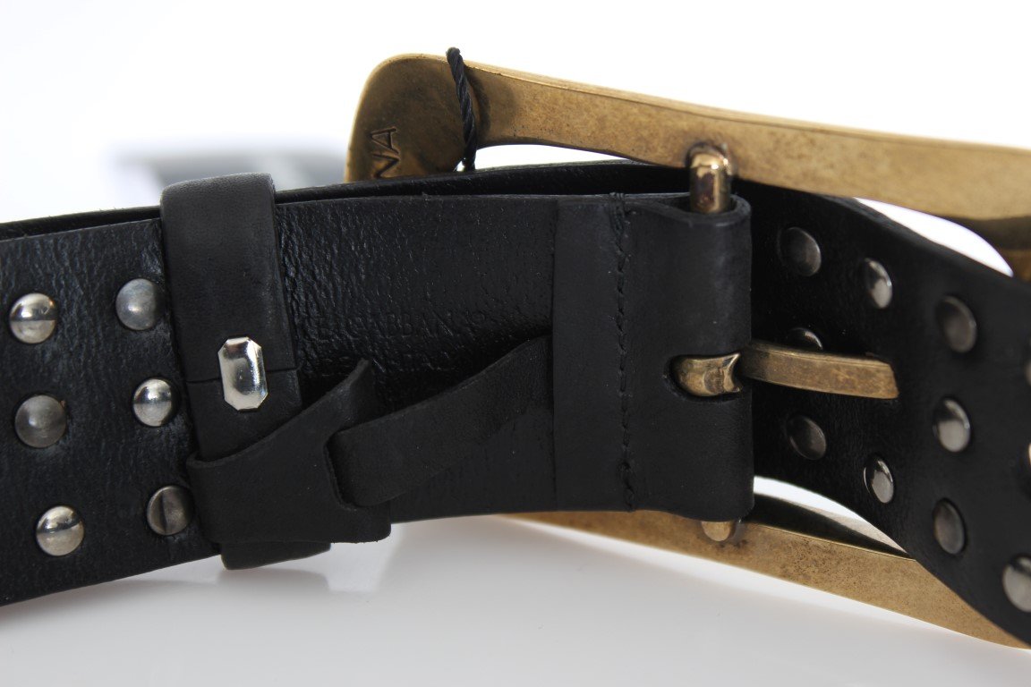 Black Leather Gold Buckle Studded Belt