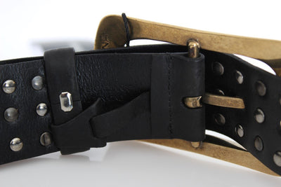 Black Leather Gold Buckle Studded Belt