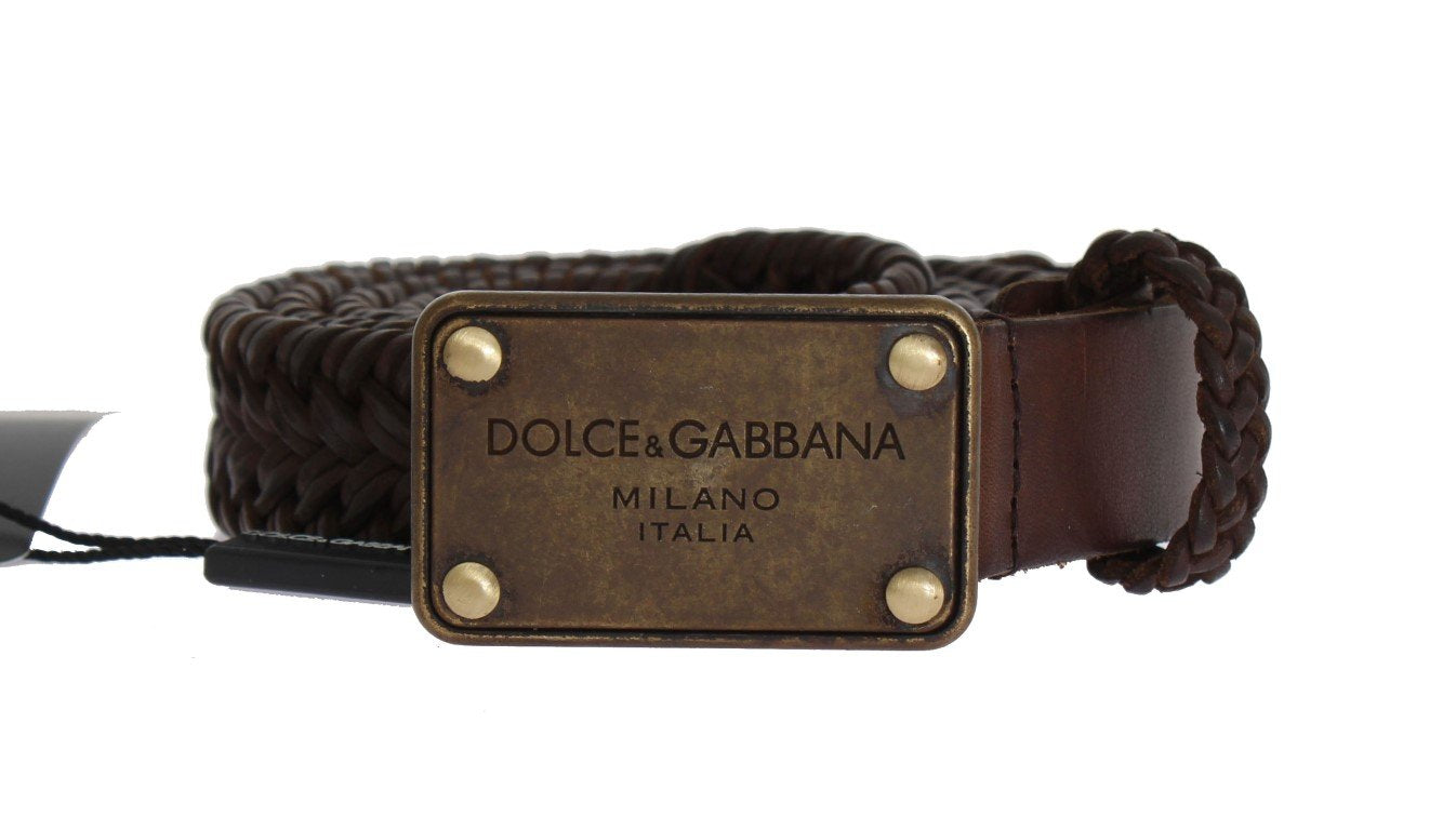 Brown Woven Leather Gold Buckle Belt