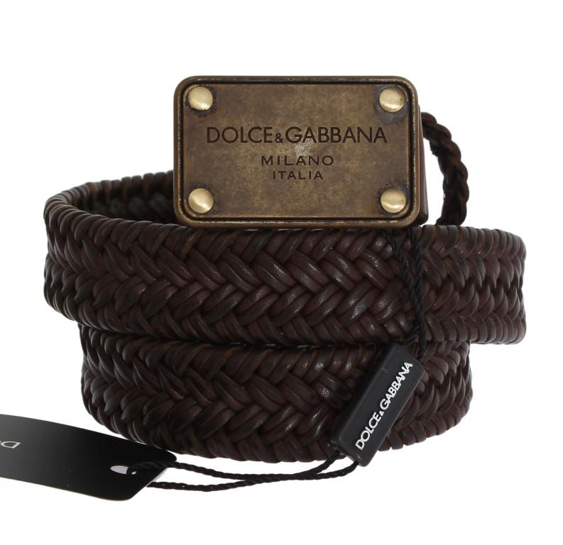 Brown Woven Leather Gold Buckle Belt