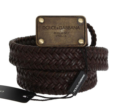 Brown Woven Leather Gold Buckle Belt