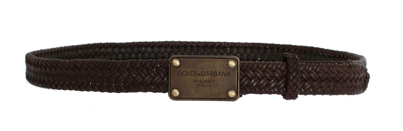 Brown Woven Leather Gold Buckle Belt