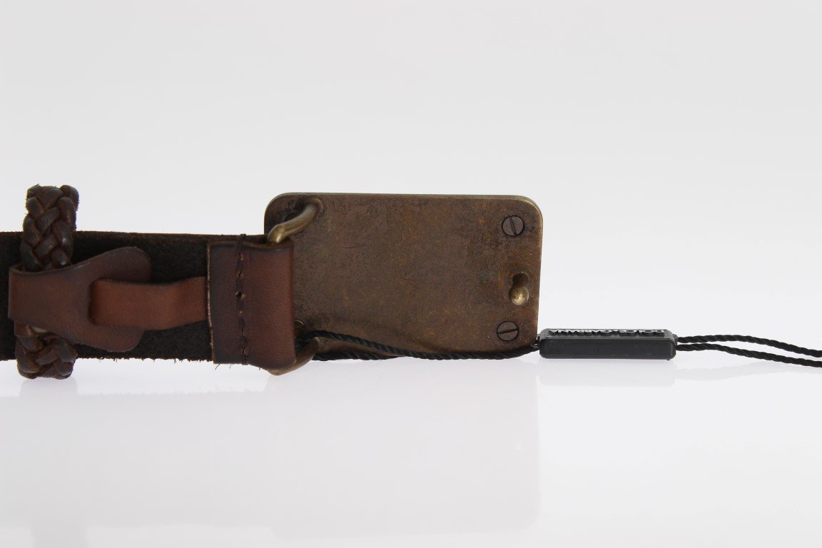 Brown Woven Leather Gold Buckle Belt