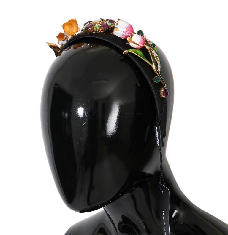 Black White Tulips Gold Crystal Headband