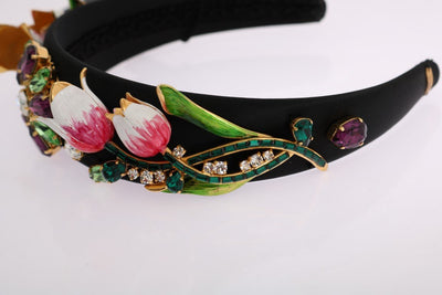 Black White Tulips Gold Crystal Headband
