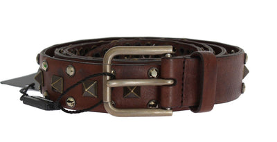 Brown Leather Gold Buckle Studded Belt