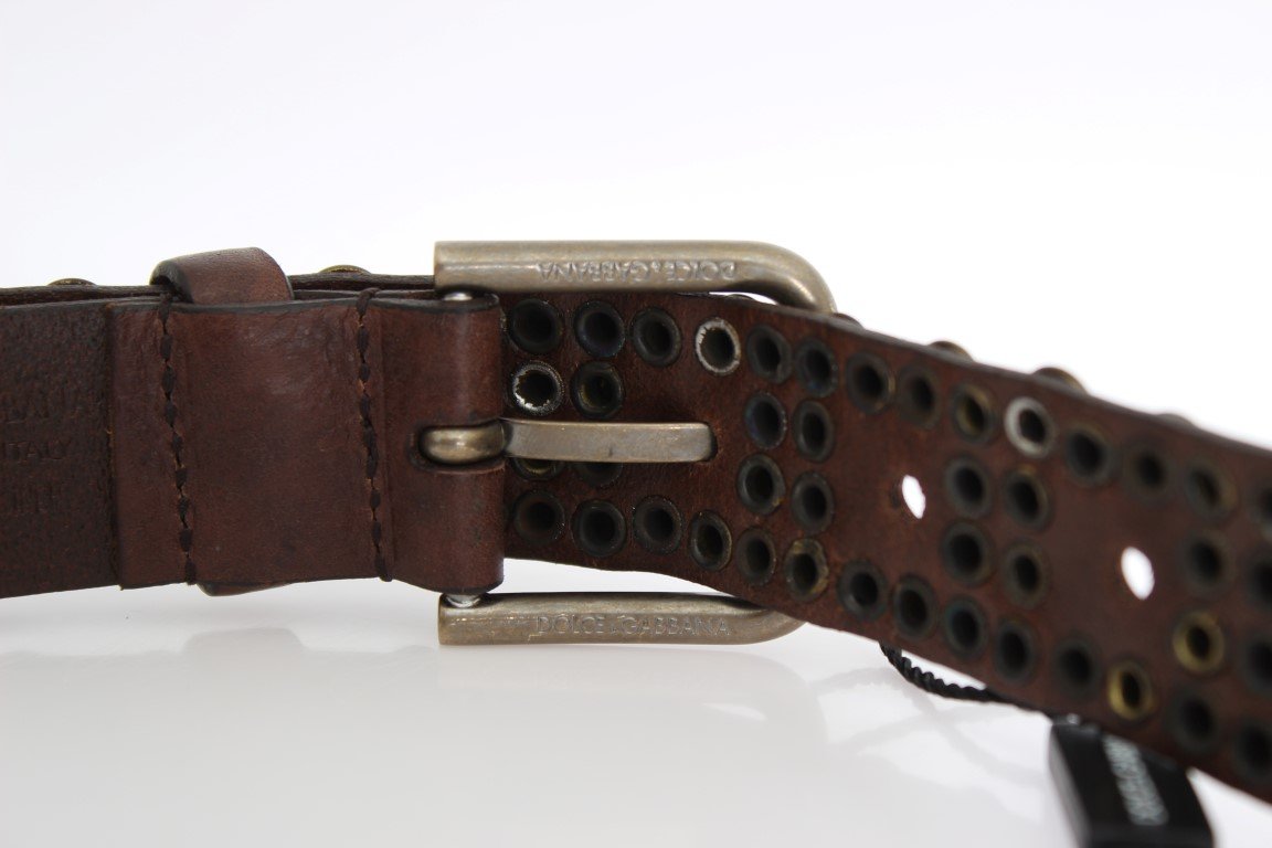 Brown Leather Gold Buckle Studded Belt