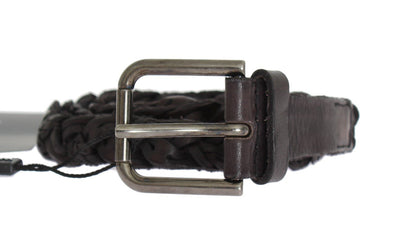 Brown Woven Leather Gray Buckle Belt