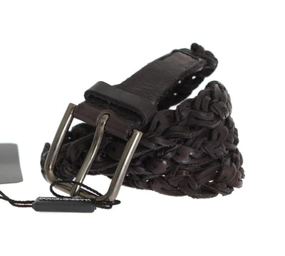 Brown Woven Leather Gray Buckle Belt