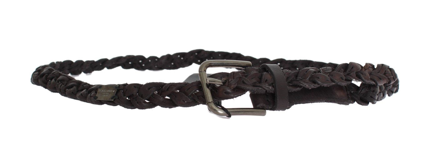 Brown Woven Leather Gray Buckle Belt