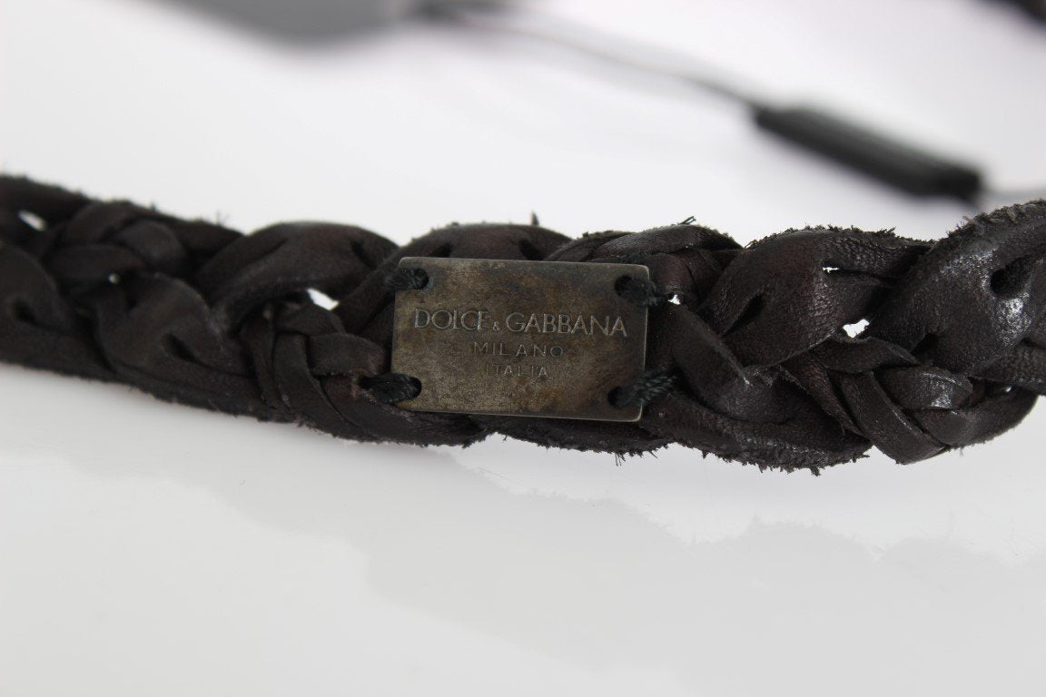 Brown Woven Leather Gray Buckle Belt