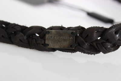 Brown Woven Leather Gray Buckle Belt