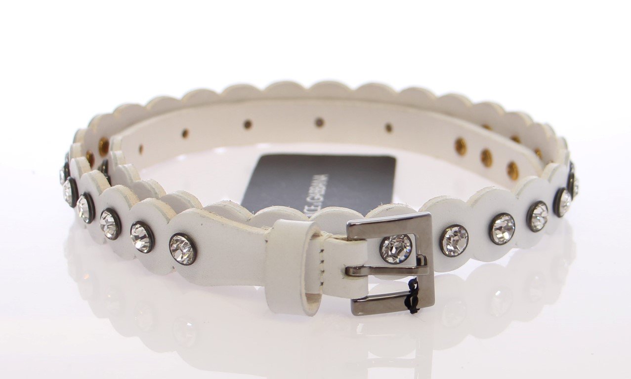 White Leather Crystal Logo Belt