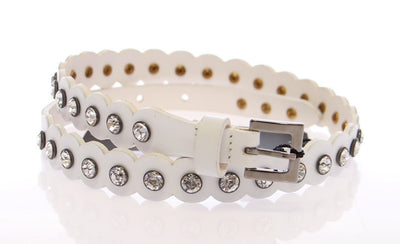 White Leather Crystal Logo Belt