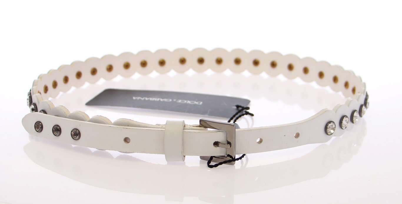 White Leather Crystal Logo Belt