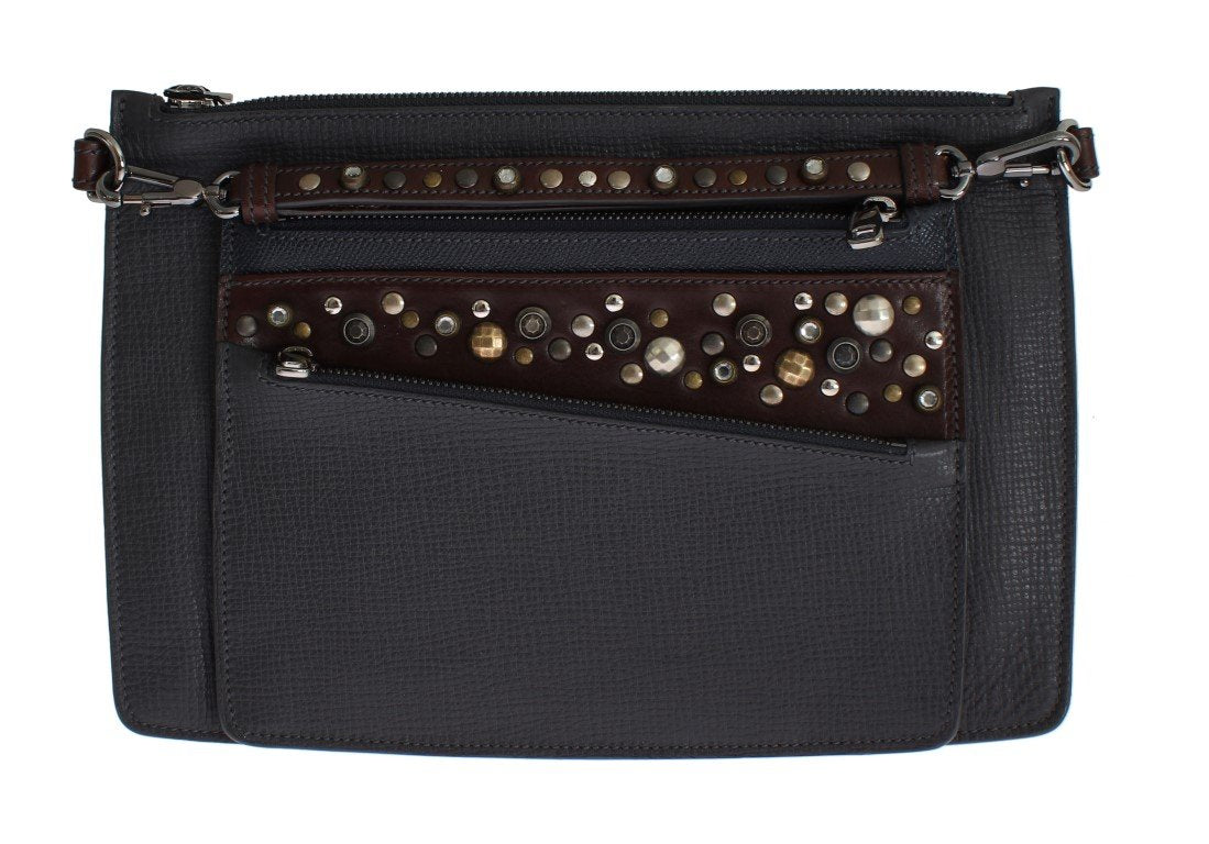 Gray Brown Leather Studded Wristlet Bag Organizer