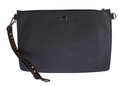 Gray Brown Leather Studded Wristlet Bag Organizer