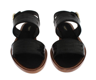 Black Crocodile Skin Leather Sandals