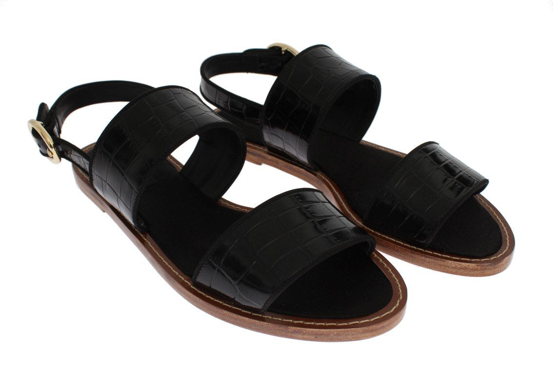 Black Crocodile Skin Leather Sandals