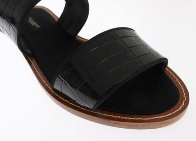 Black Crocodile Skin Leather Sandals