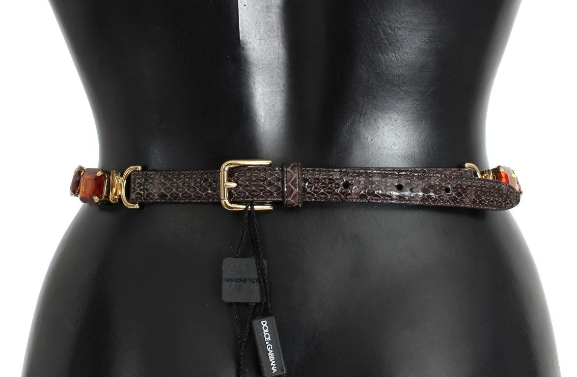 Brown Snakeskin Leather Crystal Gold Waist Belt